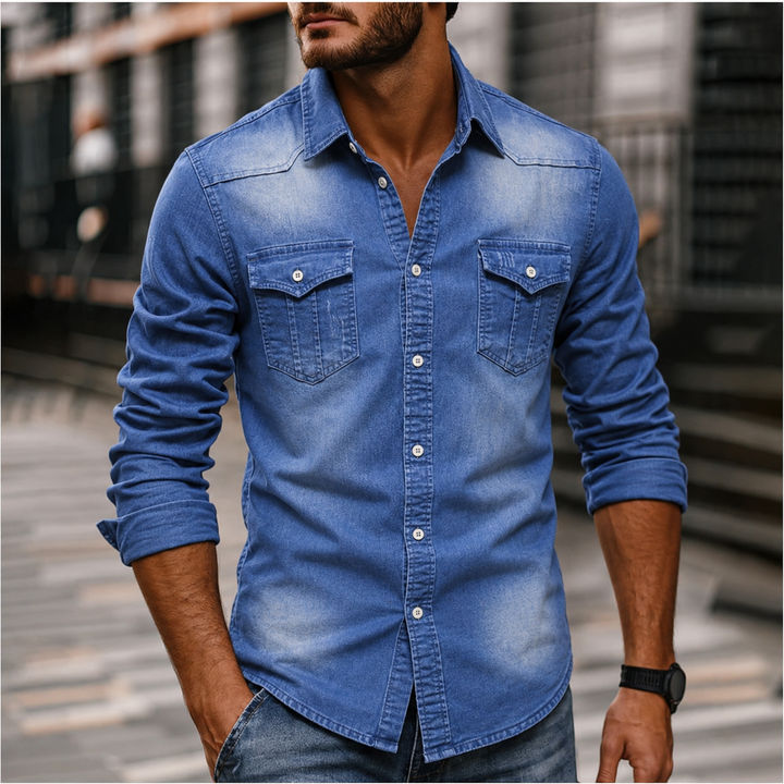 Trendy heren denim overhemd, westernstijl spijkerblouse, ideaal voor een stoere casual look; slim fit herenkleding.