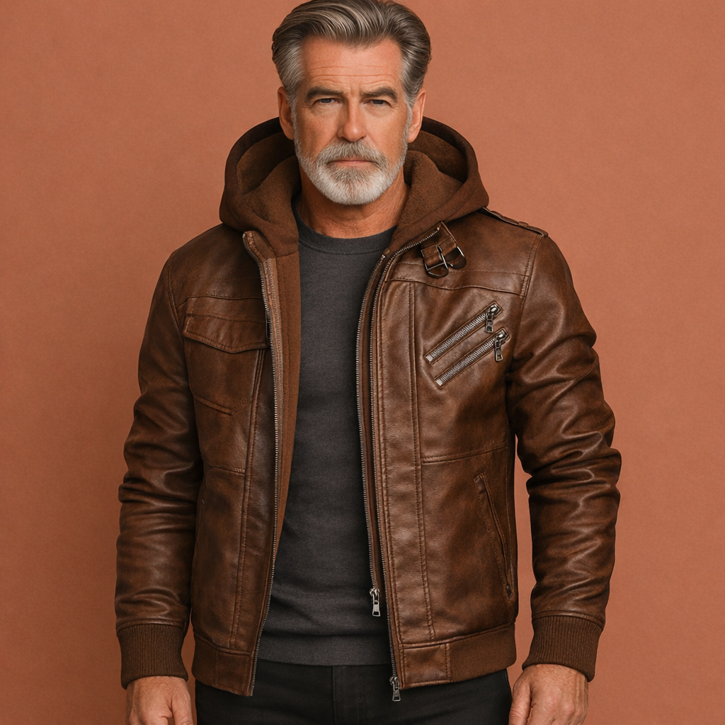 Moderne heren leren bomberjas, chique uitstraling, perfecte casual en stijlvolle jas voor herfst en winter.