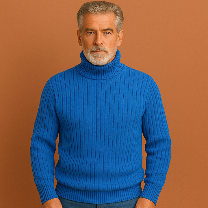 Heren coltrui van 100% merinoswol in klassiek blauw, ideaal voor luxe warmte en wintercomfort.