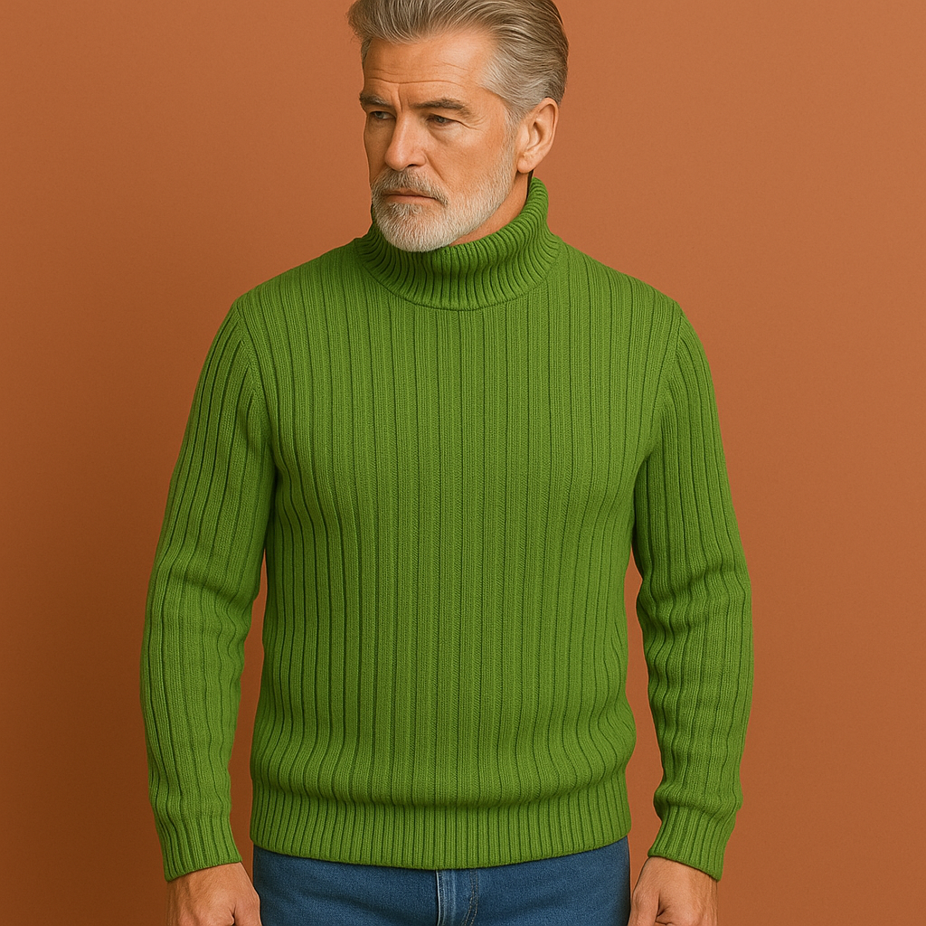Comfortabele geribbelde heren coltrui van ademende merinoswol; een warme en moderne toevoeging aan herenkleding.