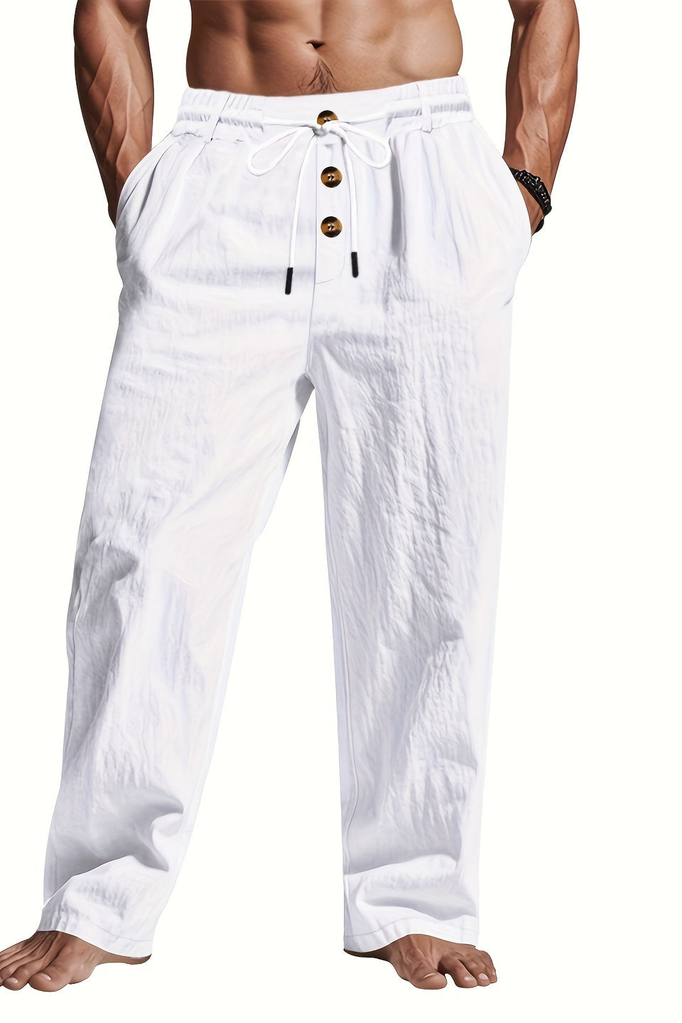 Heren comfortabele broek met trekkoord en rechte pijpen, ideaal voor zomerse dagen en ontspannen momenten.