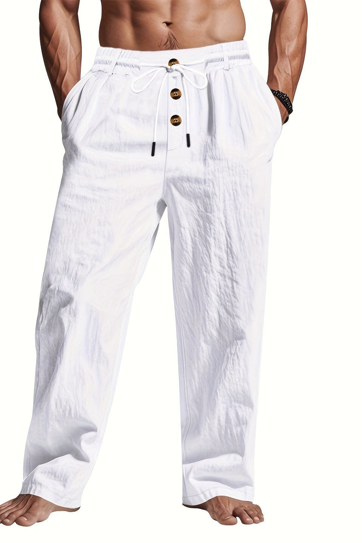 Heren comfortabele broek met trekkoord en rechte pijpen, ideaal voor zomerse dagen en ontspannen momenten.