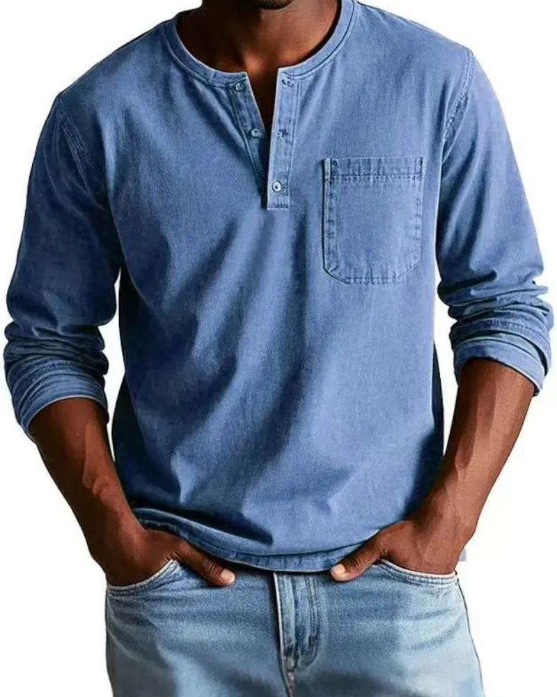Heren denim look Henley shirt, lange mouwen, comfortabel en stijlvol.