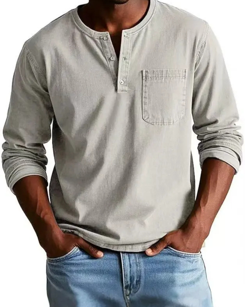 Stijlvol heren Henley shirt met denim look en knoopsluiting, ideaal voor casual herenmode.