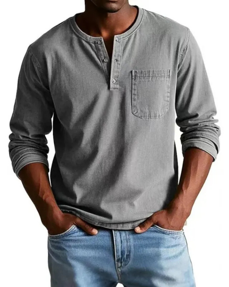 Heren Denim Look Henley Shirt, lange mouwen, comfortabel en stijlvol met borstzak, een must-have.