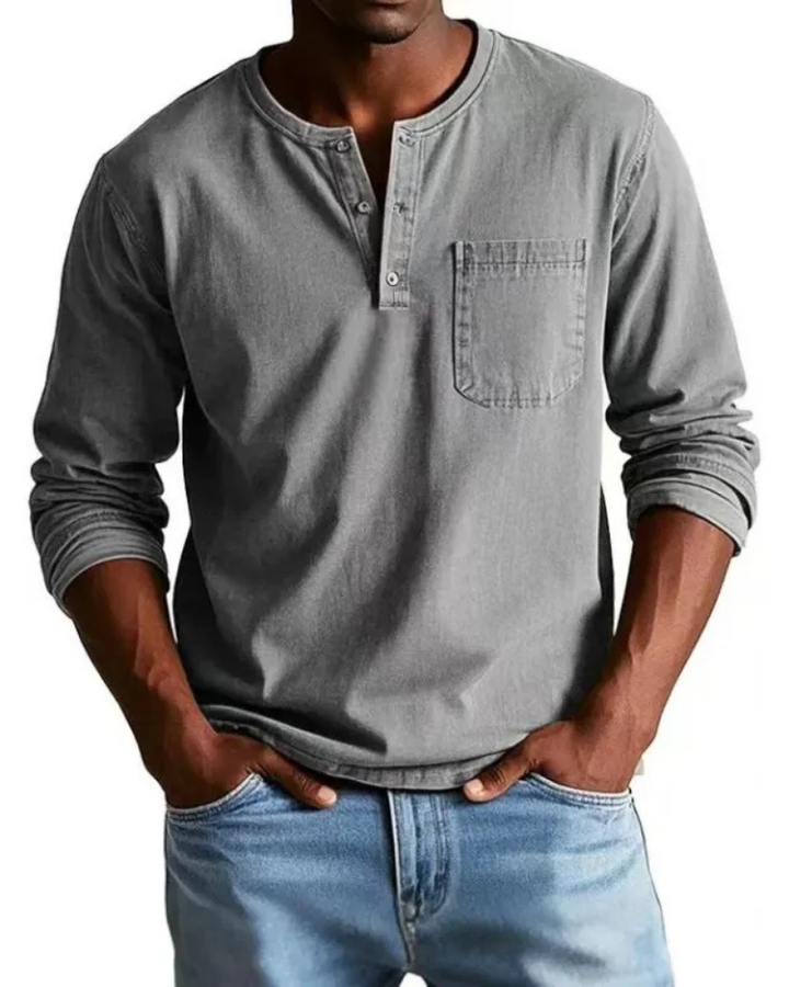 Heren Denim Look Henley Shirt, lange mouwen, comfortabel en stijlvol met borstzak, een must-have.