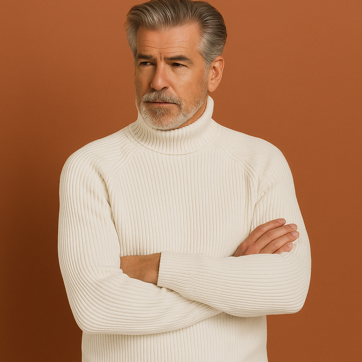 Stijlvolle heren coltrui met hoge col, een essentieel tijdloos kledingstuk voor elegante herenmode.