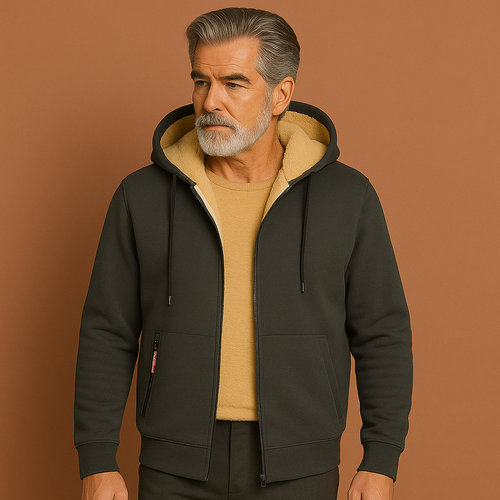 Heren fleece trui met rits en zachte bontvoering. Ideaal voor winterse dagen, warm en comfortabel.