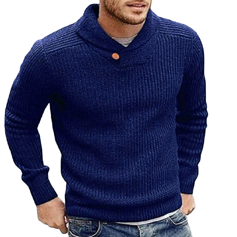 Mannelijke gebreide kabeltrui met sjaalkraag. Deze warme heren pullover is comfortabel en veelzijdig.