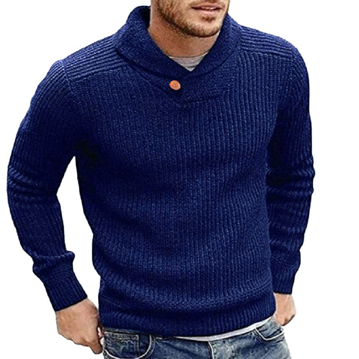 Mannelijke gebreide kabeltrui met sjaalkraag. Deze warme heren pullover is comfortabel en veelzijdig.