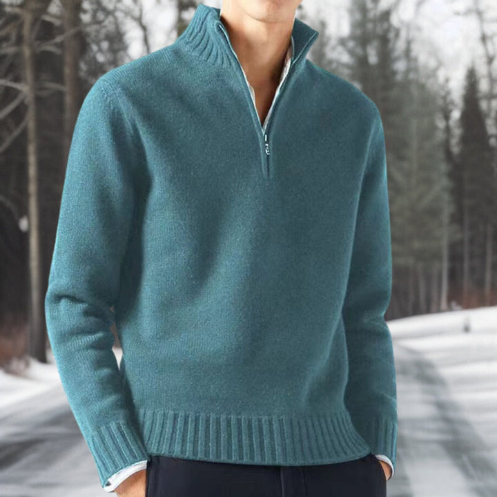 Stijlvolle heren pullover met breistructuur en kwarts rits, veelzijdig voor dagelijkse mannenmode.