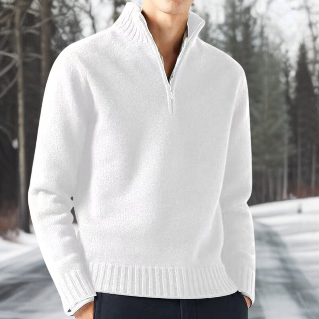 Stijlvolle heren trui met breistructuur en zippocol, comfortabel en warm voor mannenmode.