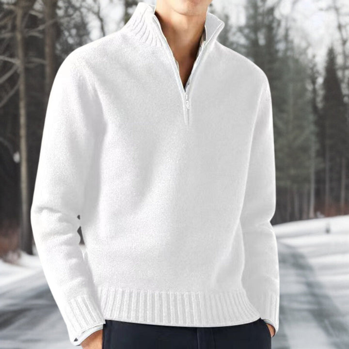 Stijlvolle heren trui met breistructuur en zippocol, comfortabel en warm voor mannenmode.