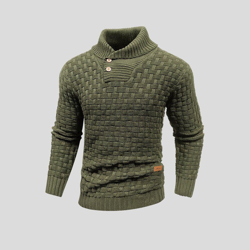 Detailopname van de zachte gebreide textuur van de heren trui. Comfortabel en warm, perfect voor de koudere dagen.
