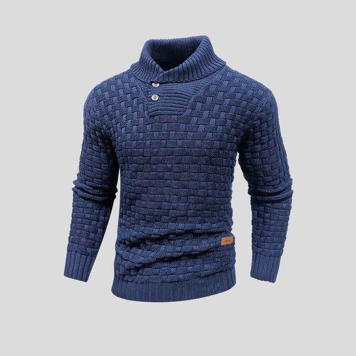 Stijlvolle knoopdetails op de schouder van deze heren gebreide trui. Geeft een elegante touch aan uw herenmode.