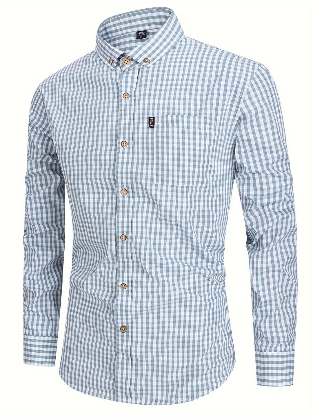 Close-up van geruit herenoverhemd met lange mouwen; toont kwaliteit en het casual, stijlvolle ruitpatroon.