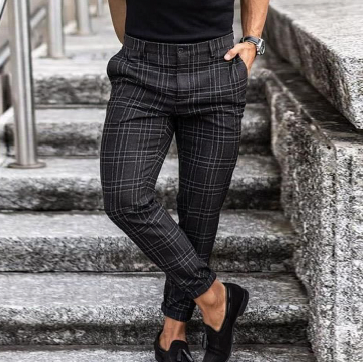 Heren geruite chino broek, slim fit, met stretch voor comfort, ideaal voor zakelijk en casual.