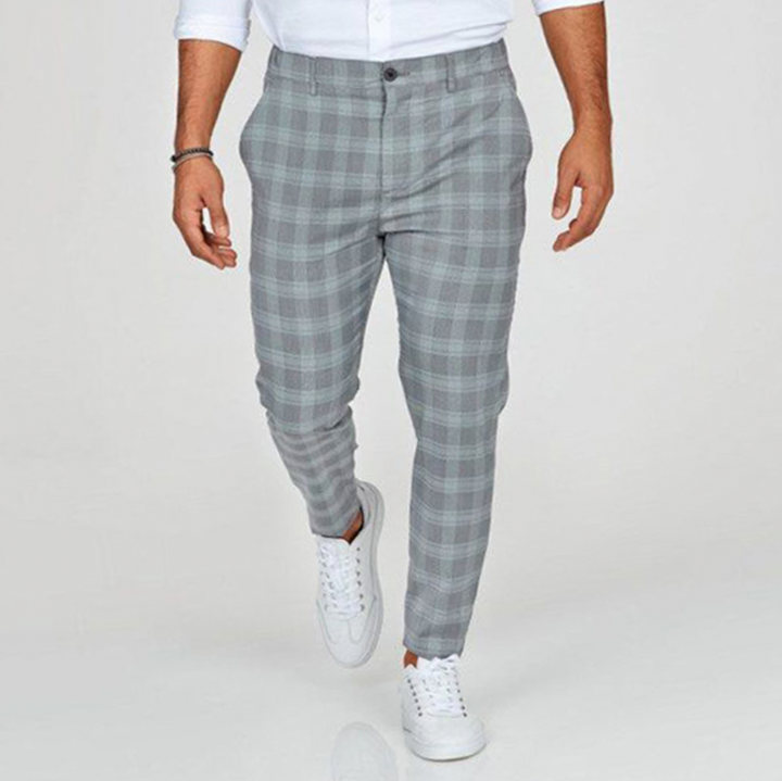 Moderne geruite heren stretch chino broek, slim fit, geschikt voor zowel zakelijke als casual herenmode.