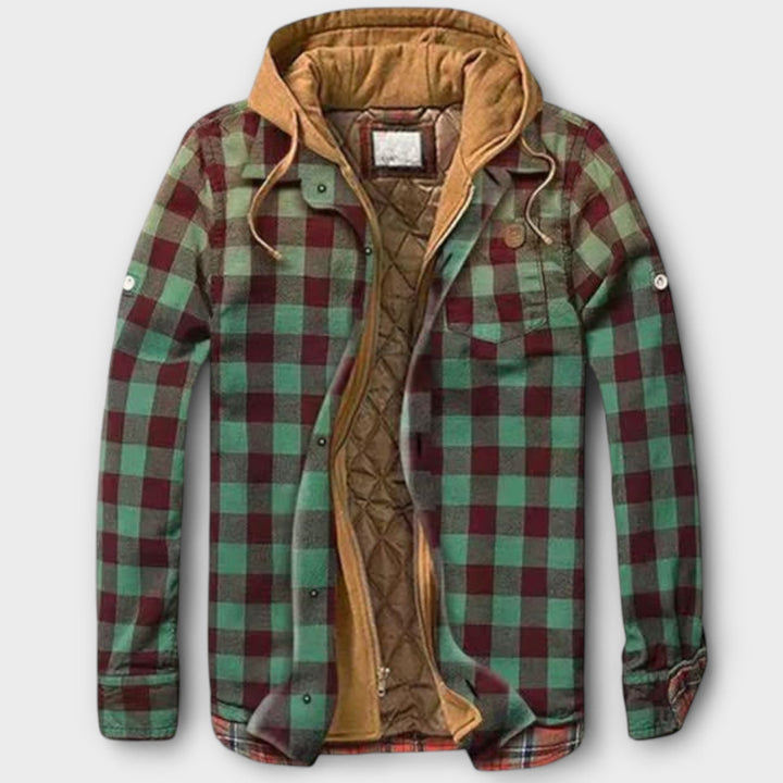Warme heren winterjas: geruite houthakkersjas met capuchon. Stevige buitenkleding voor koude dagen, casual stijl.