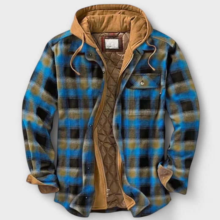Veelzijdige heren houthakkersjas: geruit, warm, met capuchon. Geschikt als winterjas, herfstjas en casual buitenkleding.