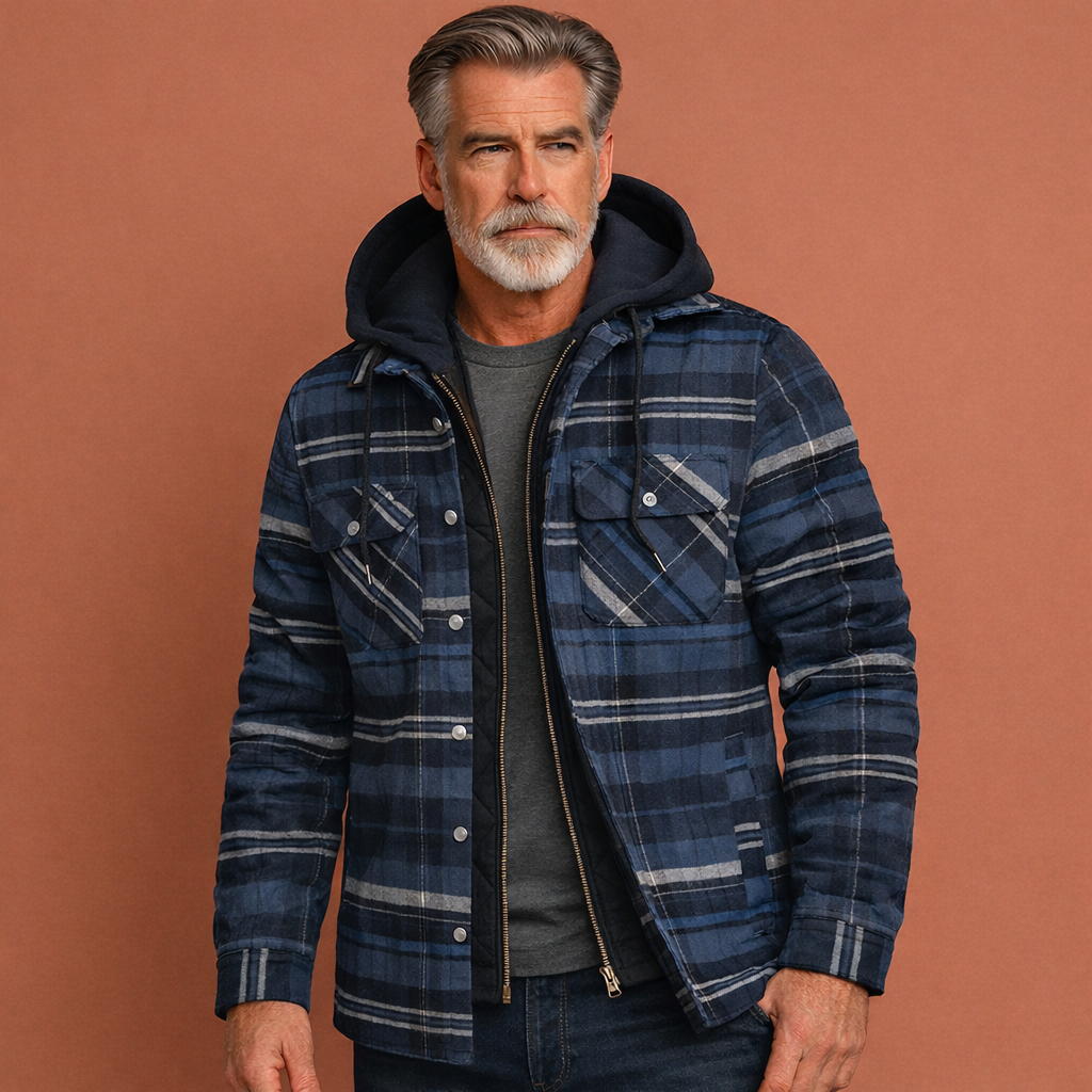 Modieuze herenjas met geruit patroon en capuchon, perfecte overgangsjas voor een casual herfstlook.