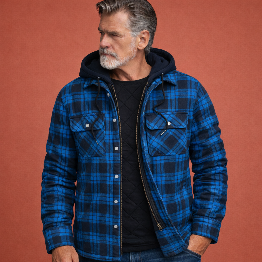 Comfortabele geruite jas voor mannen, met praktische capuchon. Veelzijdig voor dagelijks gebruik en mode.