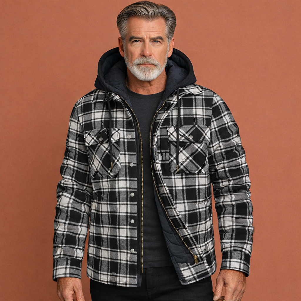 Stijlvolle heren geruite jas met capuchon, ideaal als overgangsjas. Geschikt voor herfst- en wintermode.