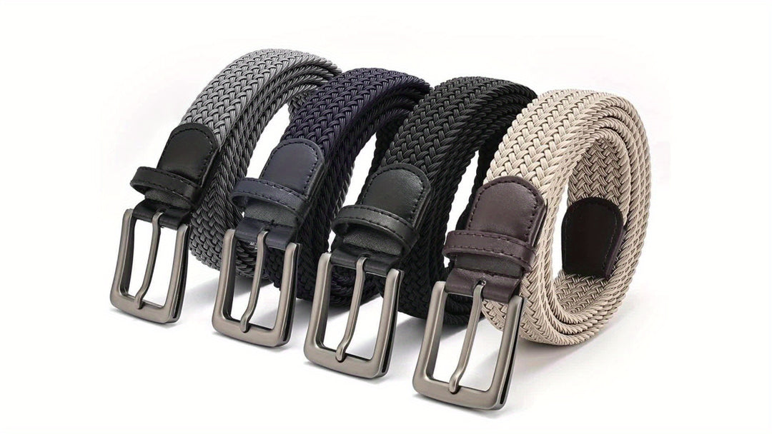 Textuurrijke gevlochten herenriem, rekbaar voor flexibiliteit. Moderne vierkante gesp completeert deze casual riem.