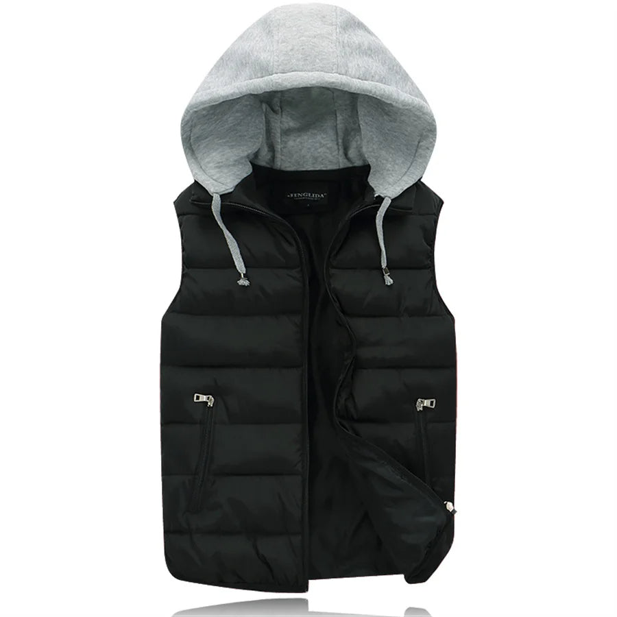 Veelzijdige heren gewatteerde bodywarmer met capuchon, geschikt als jas of warm vest.