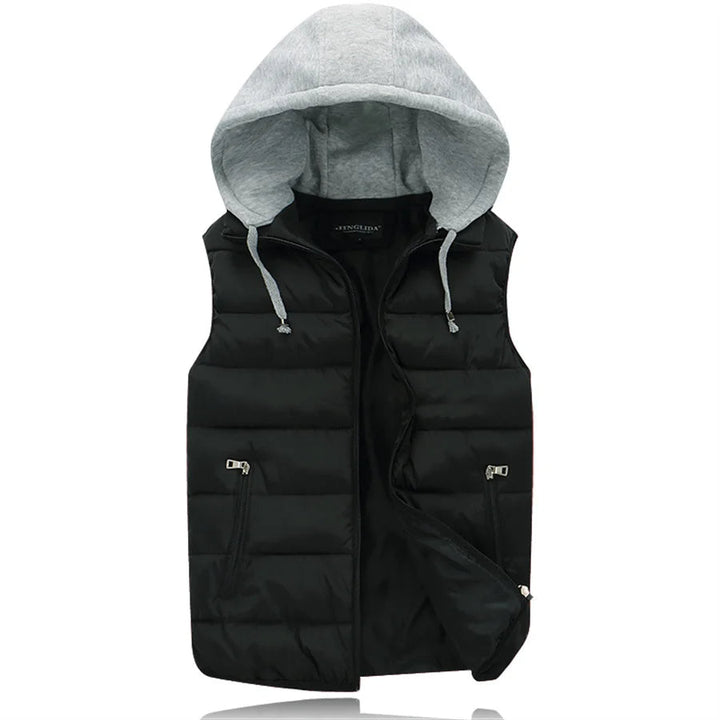Veelzijdige heren gewatteerde bodywarmer met capuchon, geschikt als jas of warm vest.