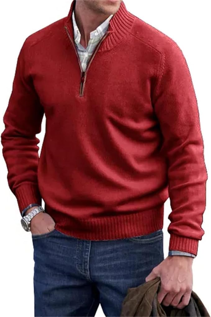 "Heren half-zip gebreide trui, fijngebreid, ribkraag, ritssluiting, stijlvol, geschikt voor formeel en casual gebruik."