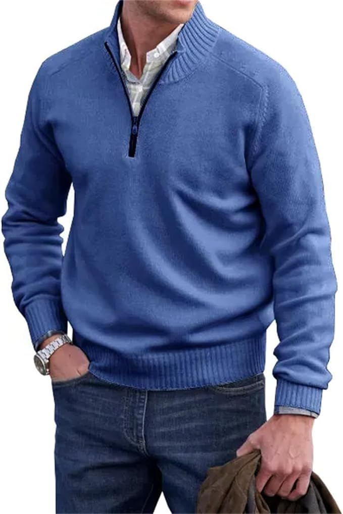 "Heren half-zip gebreide trui, fijngebreid, ribkraag, ritssluiting, stijlvol, geschikt voor formeel en casual gebruik."