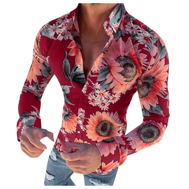 Vrijetijds herenhemd met lange mouwen en heldere bloemenprint. Geschikt als casual of strandkleding.