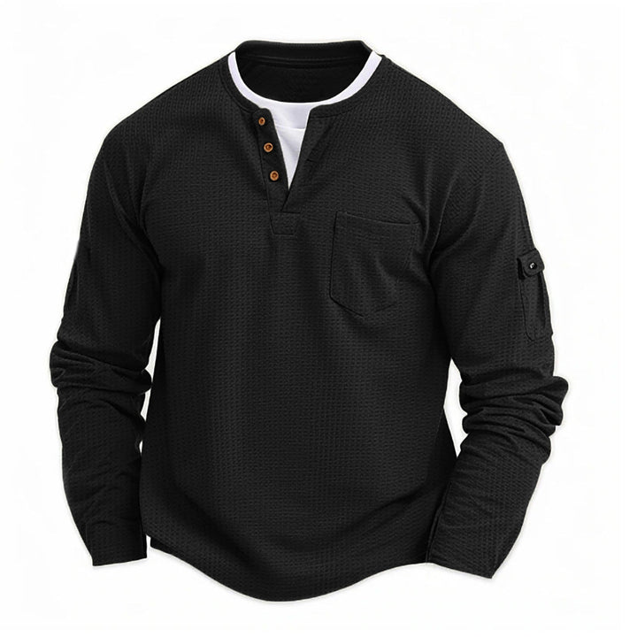 Klassiek heren henley shirt met lange mouwen en knoopsluiting, een tijdloos en comfortabel basisstuk.