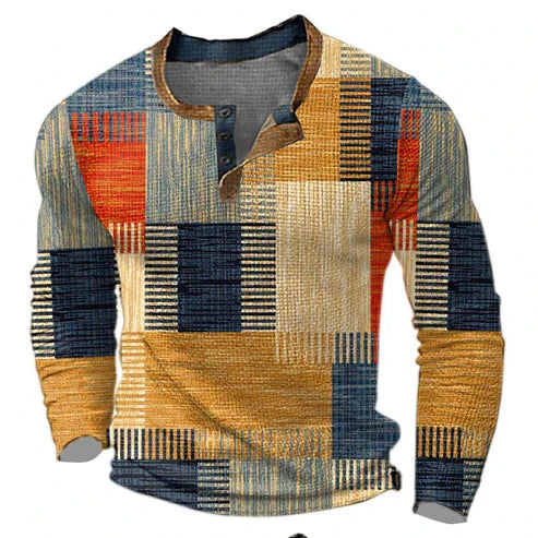 Heren Henley shirt met patchwork, lange mouw; een stijlvolle en comfortabele herentrui voor herfst en winter.