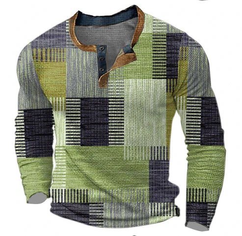 Casual heren henley trui met uniek patchwork design en lange mouwen. Perfect voor dagelijks gebruik of zakelijk.