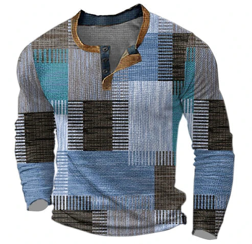 Comfortabele heren henley met trendy patchwork en lange mouwen. Veelzijdige trui voor de koude seizoenen.