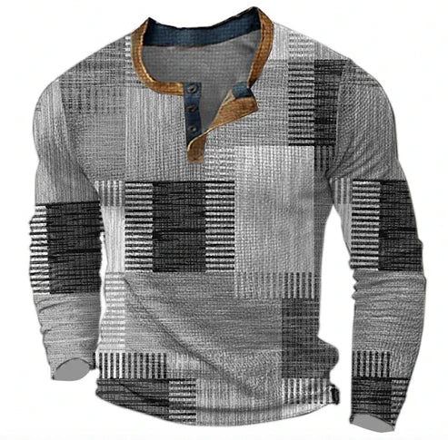 Modieuze herentrui: een Henley shirt met opvallend patchwork en lange mouwen. Ideaal voor herfst en winter.