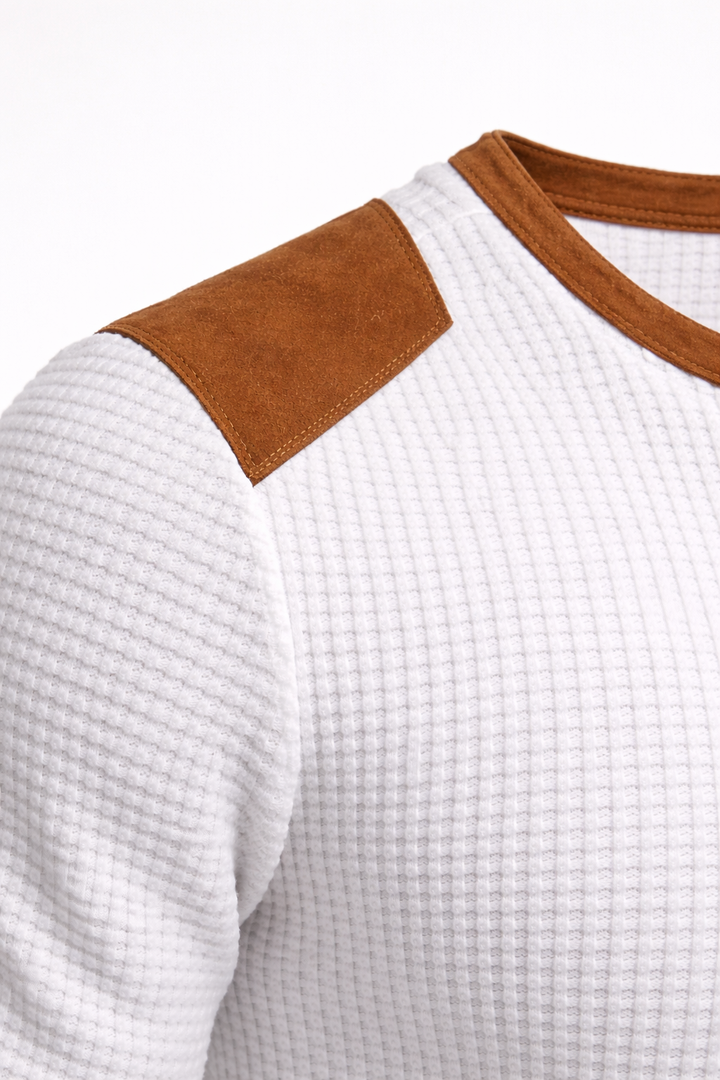 Stijlvol heren henley shirt met wafelstructuur, lange mouwen en trendy patchwork details, voor comfort en looks.