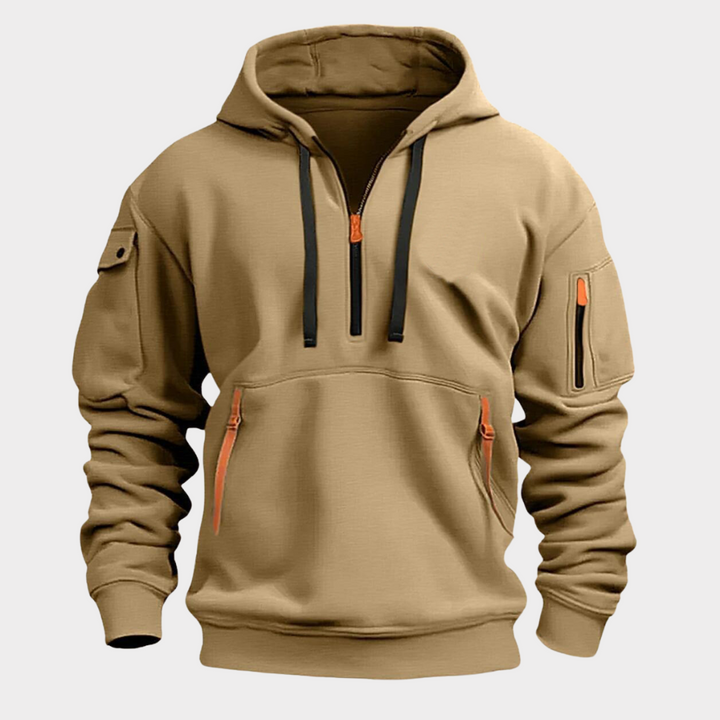 Close-up van trendy heren hoodie, zachte stof, comfortabele trui voor mannen. Perfecte dagelijkse bovenkleding.