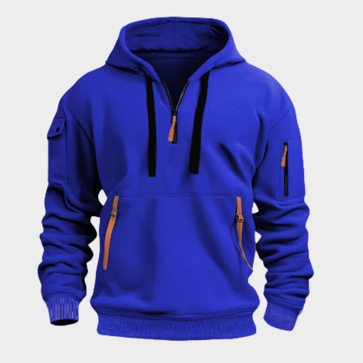 Heren hoodie, achterkant toont comfortabele pasvorm, duurzame trui voor dagelijks gebruik en sportieve activiteiten.