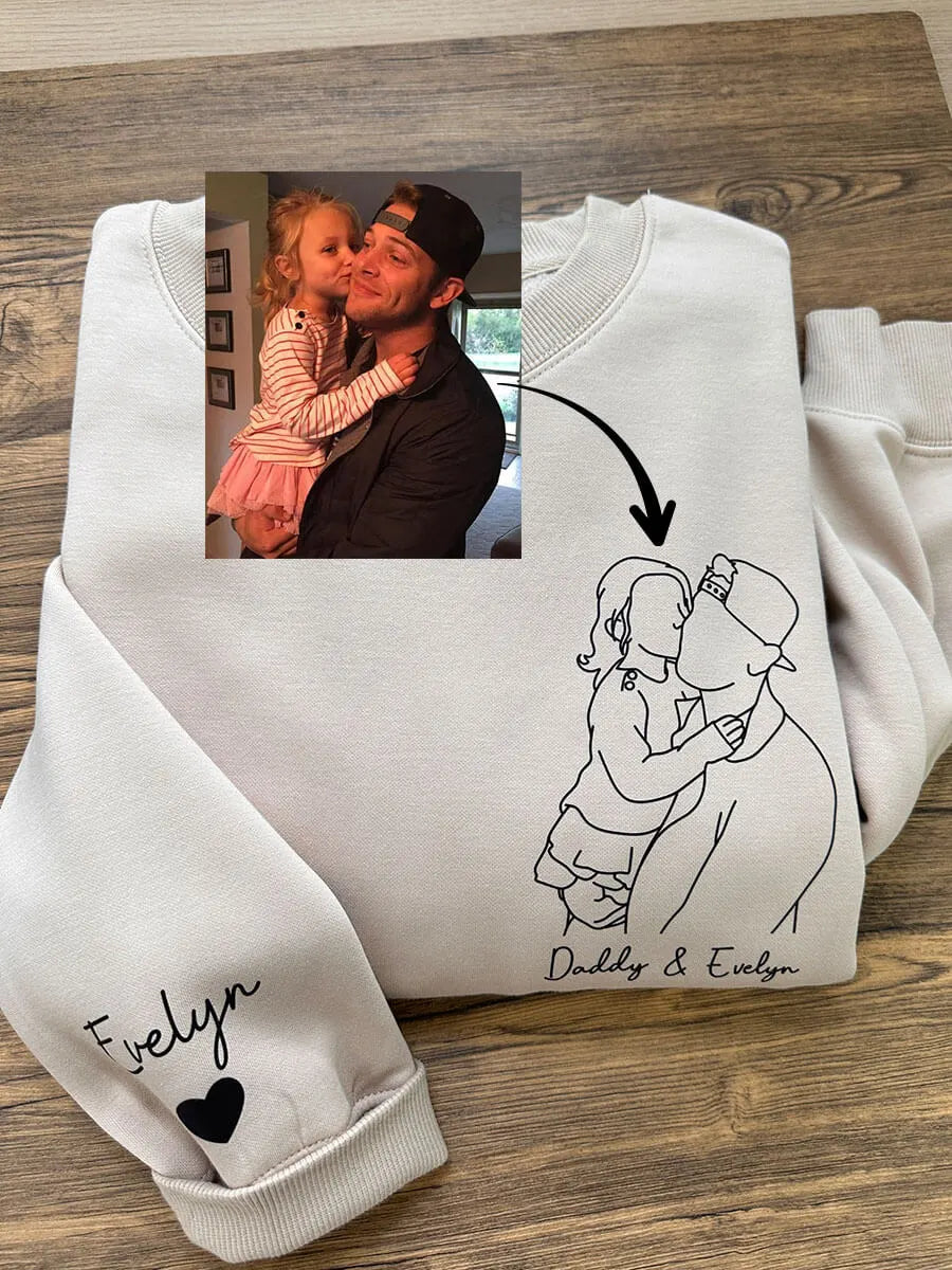 Heren hoodie met geborduurde foto in lijnkunst, een uniek en gepersonaliseerd cadeau voor papa.