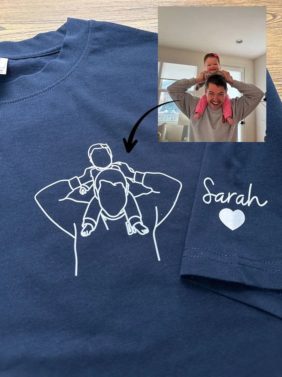 Gepersonaliseerde heren hoodie met geborduurde lijnkunst foto, ideaal Vaderdag cadeau voor papa.