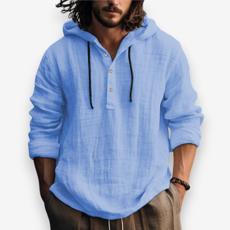 Heren hoodie met opvallende knoopsluiting en comfortabele capuchon. Relaxte pasvorm, perfect voor herenmode.