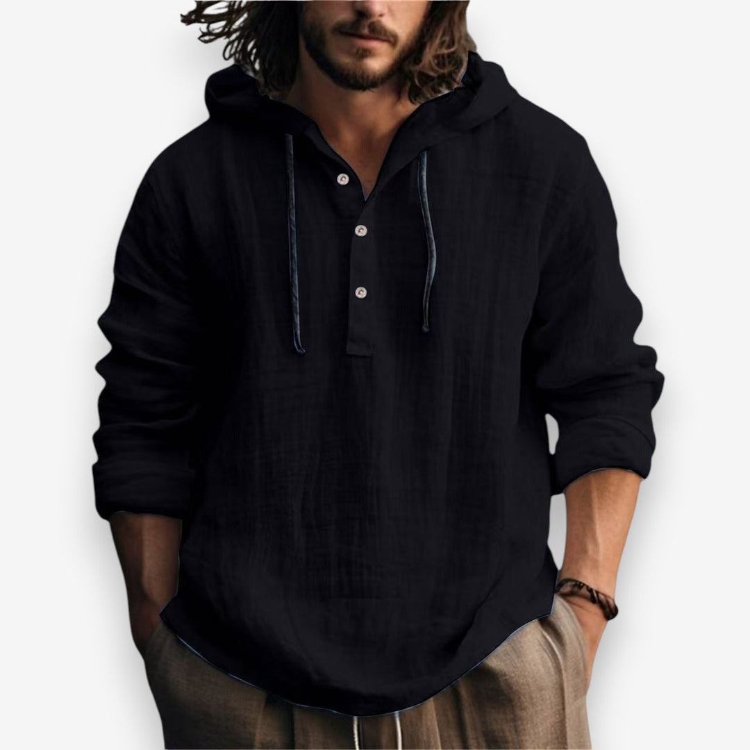 Relaxte pasvorm heren hoodie met capuchon en knoopsluiting. Comfortabele casual trui voor dagelijks gebruik.