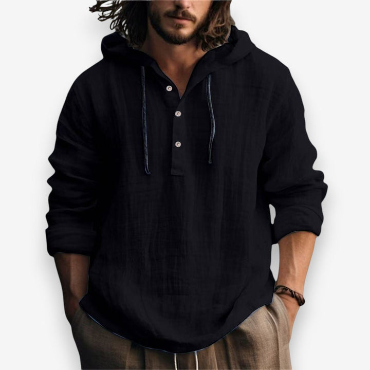 Relaxte pasvorm heren hoodie met capuchon en knoopsluiting. Comfortabele casual trui voor dagelijks gebruik.