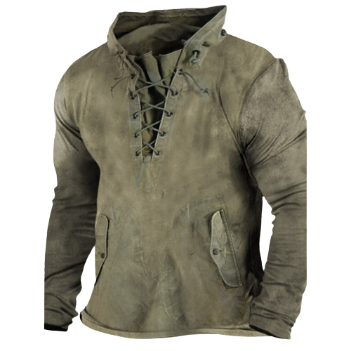 Heren hoodie met vetersluiting in vintage stijl, perfect voor een casual lente/herfst look.