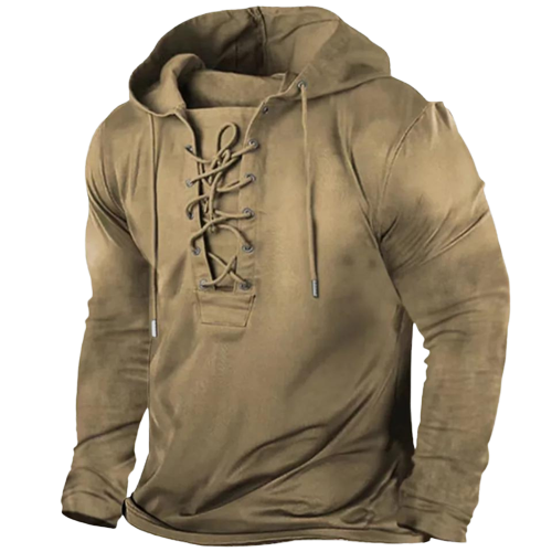 Comfortabele heren hoodie met lange mouwen en unieke vetersluiting, voor een stoere vintage look.