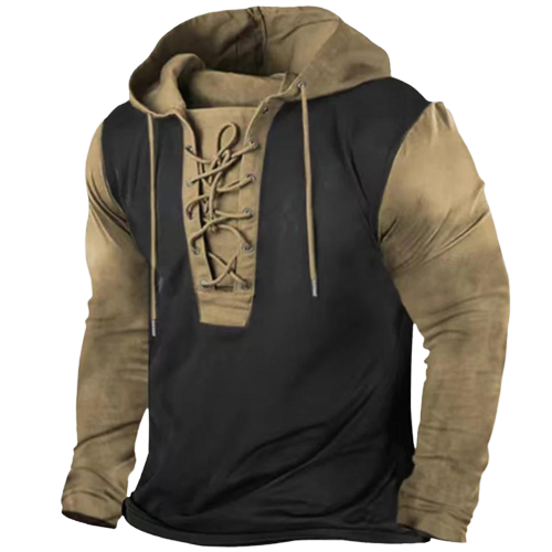 Casual heren hoodie met vetersluiting, ideaal voor lente/herfst. Vintage stijl met comfortabele pasvorm.