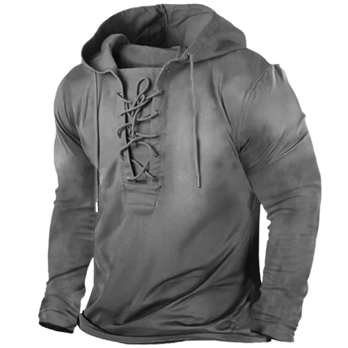 Stoere heren hoodie met unieke vetersluiting, lange mouwen en vintage design. Perfect voor casual mode.